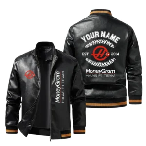Vintage MoneyGram Haas F1 Team Exclusive Logo Jacket Est 2014, Classic Ribbed Collar and Striped Cuffs, Custom Name HIDI270225Y12LJ93MGH