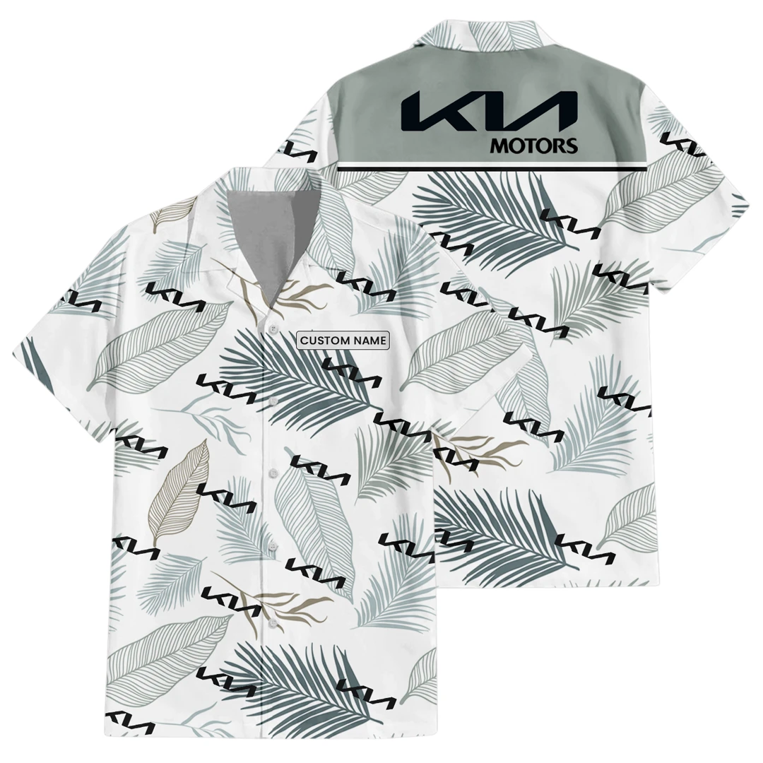 KIA Exclusive Logo Button Up Hawaiian Shirt Tropical Leaves Seamless Pattern All-over Print, Custom Name HIHI180225Y7HWLS1KIA