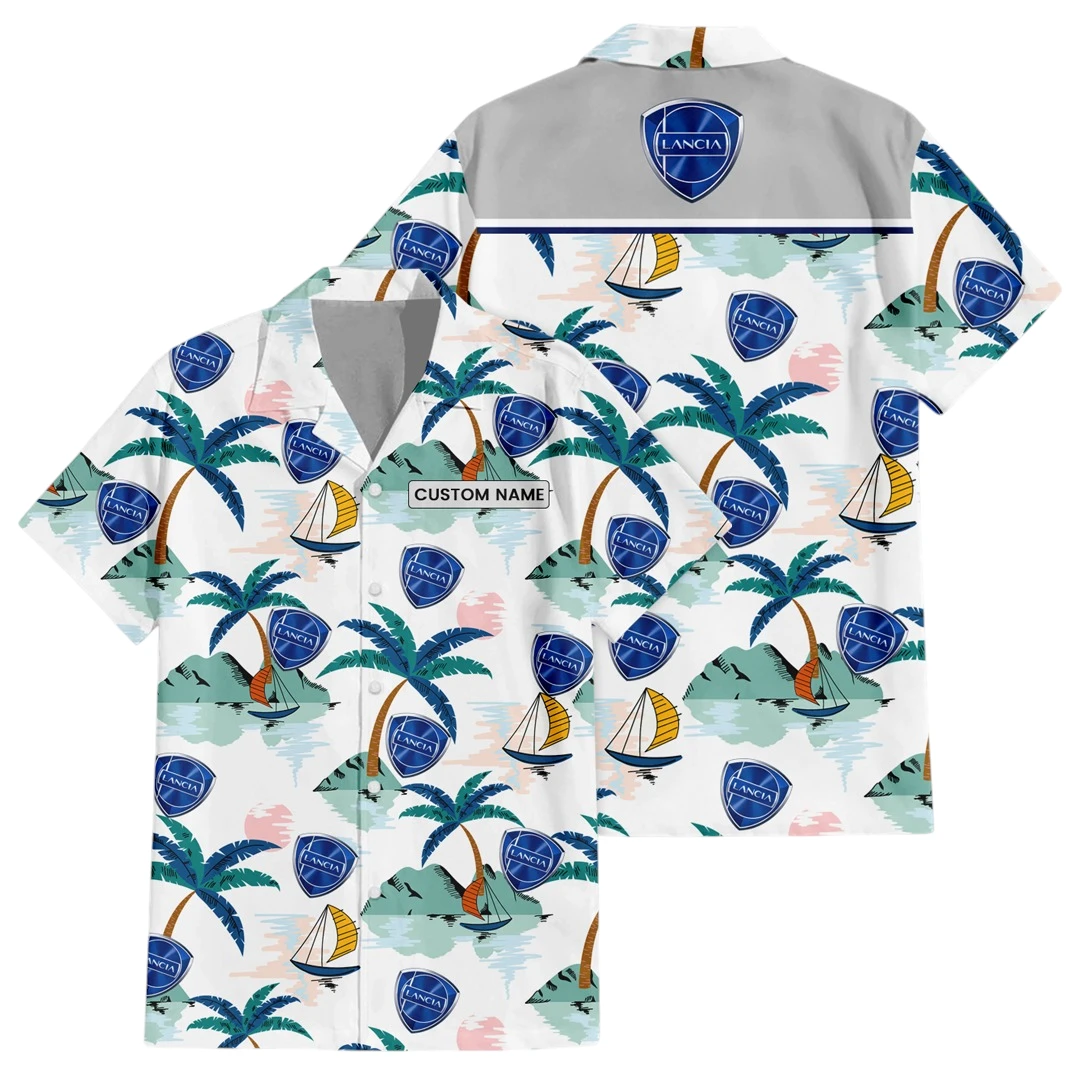Lancia Exclusive Logo Button Up Hawaiian Shirt Tropical Landscape Pattern All-over Print, Custom Name HIDI200225Y7HWLS2LAN