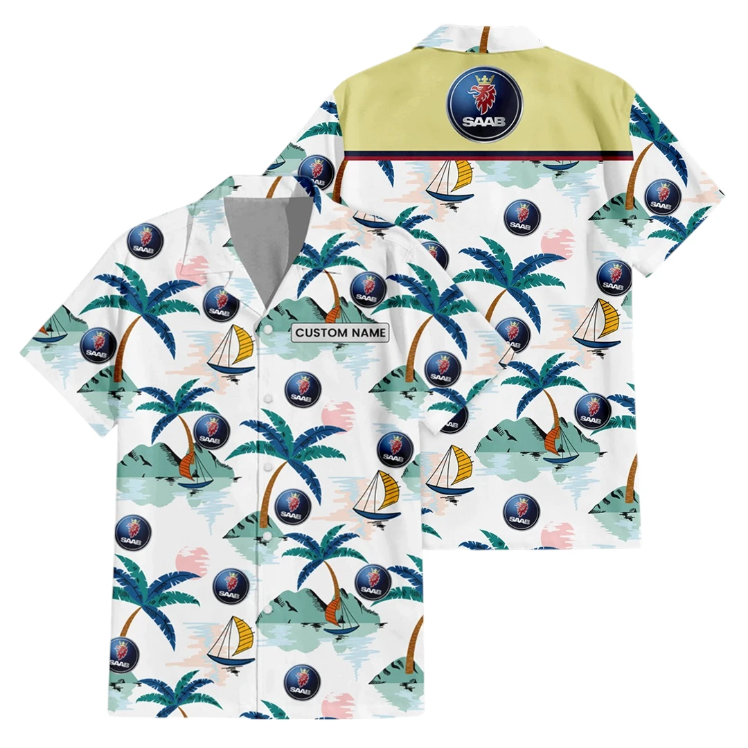 Saab Exclusive Logo Button Up Hawaiian Shirt Tropical Landscape Pattern All-over Print, Custom Name HIDI210225Y7HWLS2SAA