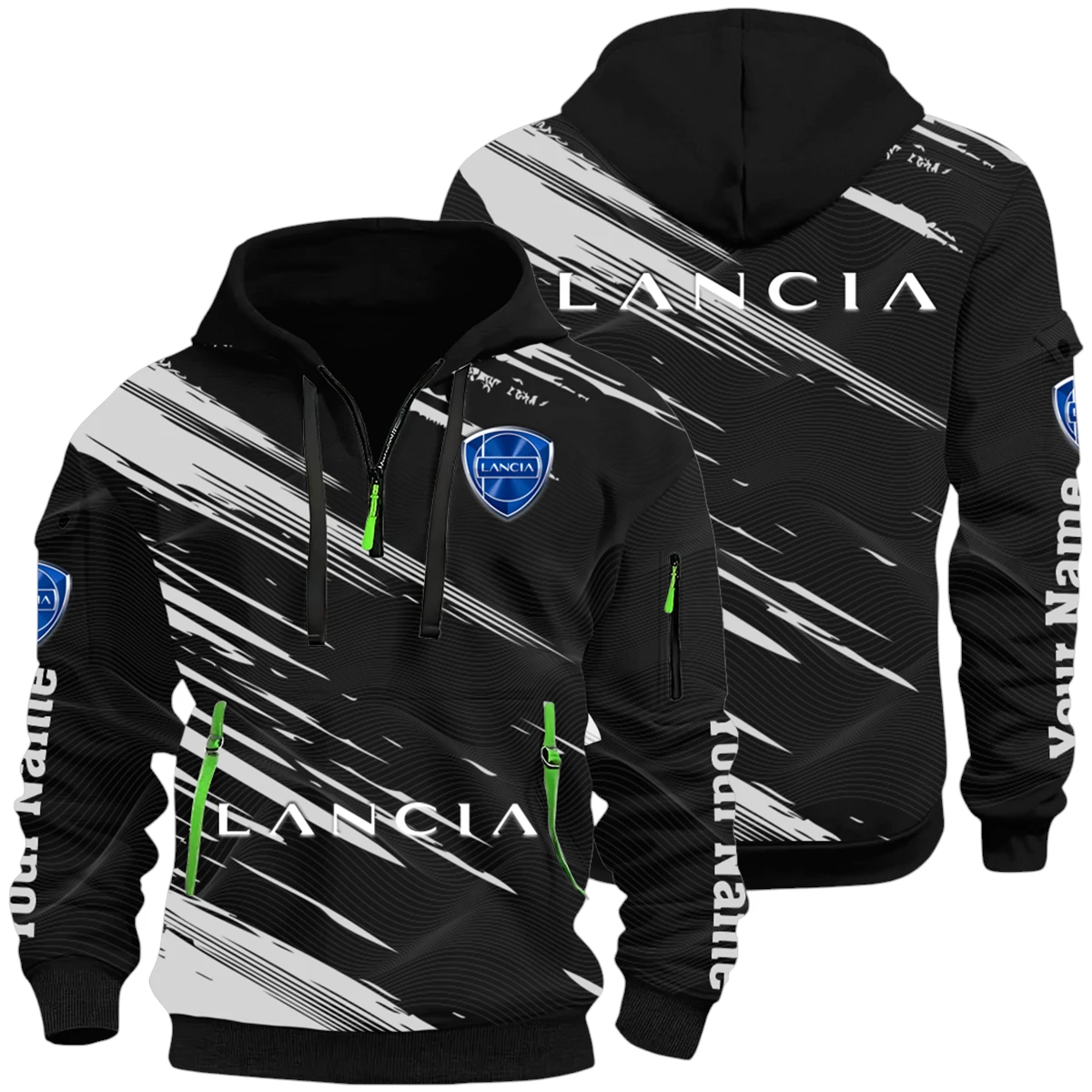 Lancia Half Zip Hoodie All Over Prints, Multi-Pockets Custom Name Lancia Half Zip Hoodie All Over Prints, Multi-Pockets Custom Name