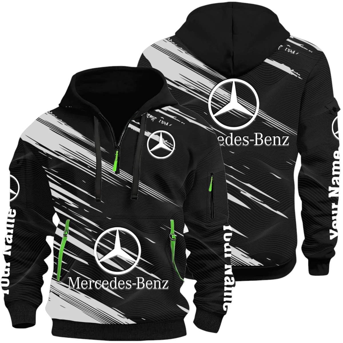 Mercedes-Benz Half Zip Hoodie All Over Prints, Multi-Pockets Custom Name Mercedes-Benz Half Zip Hoodie All Over Prints, Multi-Pockets Custom Name