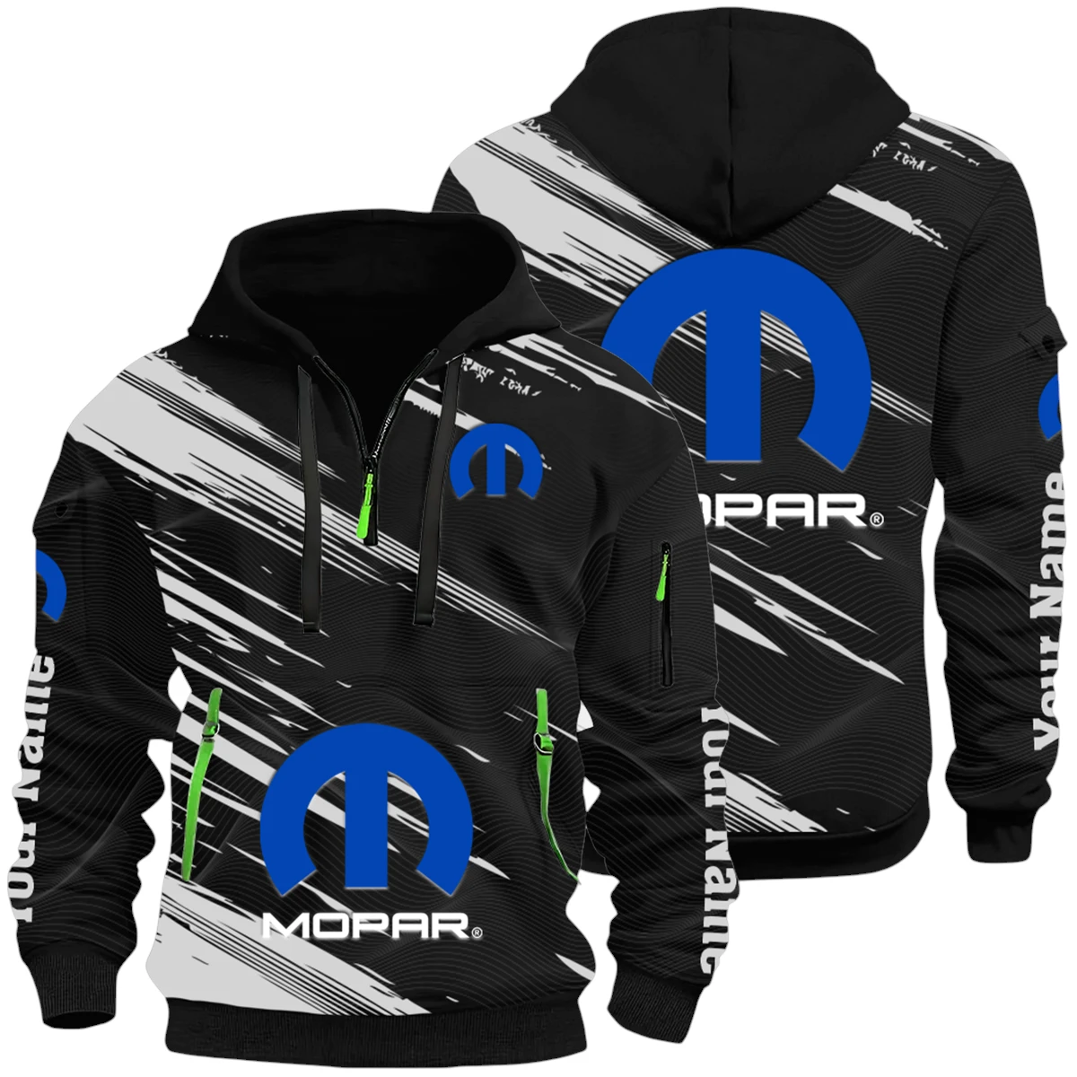 Mopar Half Zip Hoodie All Over Prints, Multi-Pockets Custom Name Mopar Half Zip Hoodie All Over Prints, Multi-Pockets Custom Name