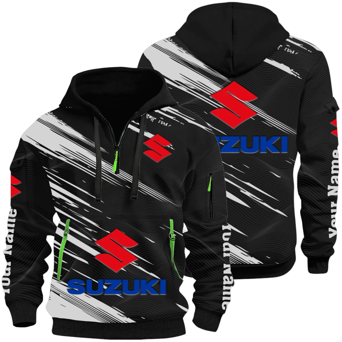 Suzuki Half Zip Hoodie All Over Prints, Multi-Pockets Custom Name Suzuki Half Zip Hoodie All Over Prints, Multi-Pockets Custom Name