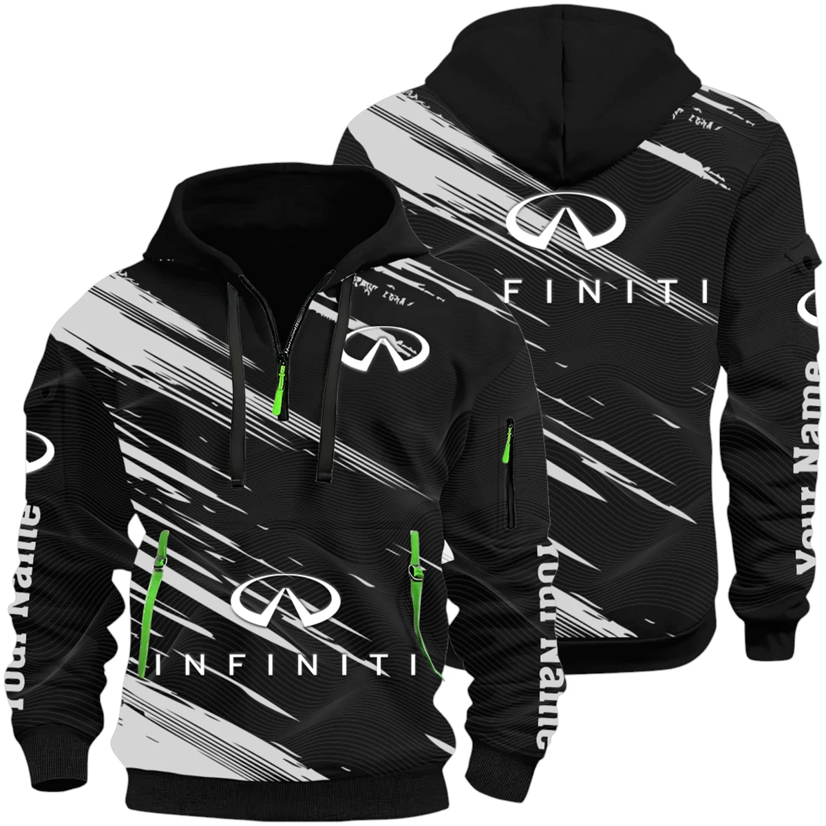 Infiniti Half Zip Hoodie All Over Prints, Multi-Pockets Custom Name Infiniti Half Zip Hoodie All Over Prints, Multi-Pockets Custom Name
