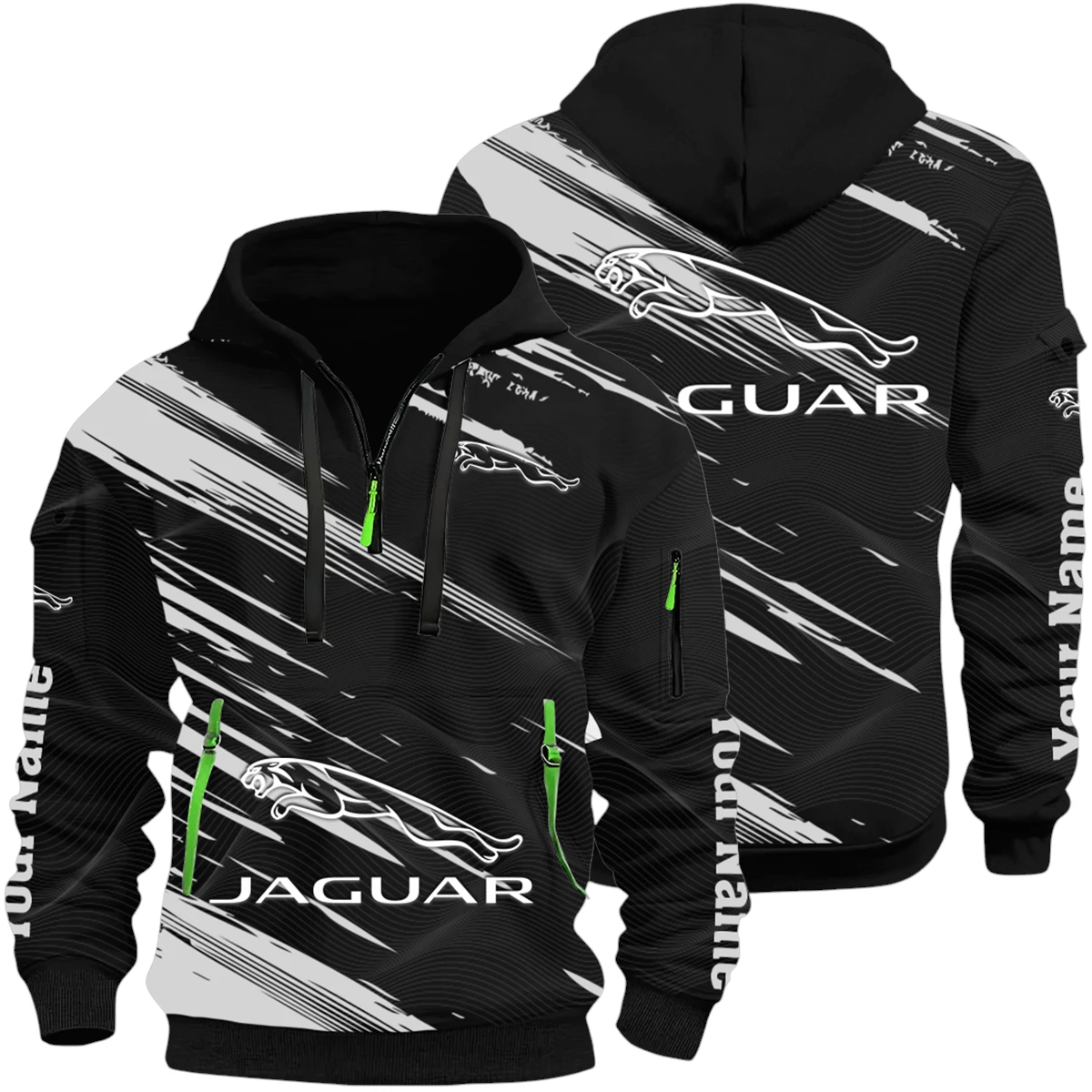 Jaguar Half Zip Hoodie All Over Prints, Multi-Pockets Custom Name Jaguar Half Zip Hoodie All Over Prints, Multi-Pockets Custom Name