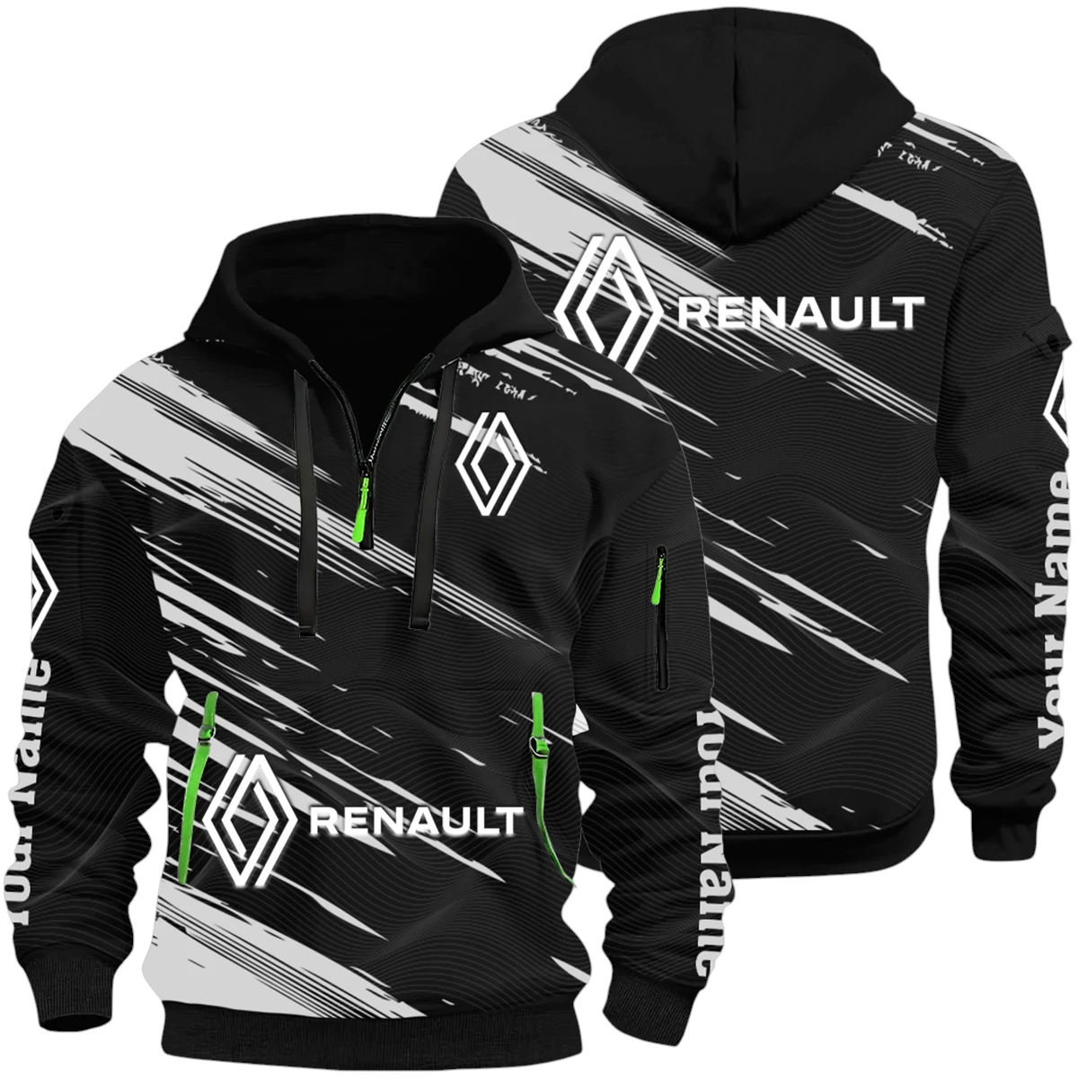 Renault Half Zip Hoodie All Over Prints, Multi-Pockets Custom Name Renault Half Zip Hoodie All Over Prints, Multi-Pockets Custom Name