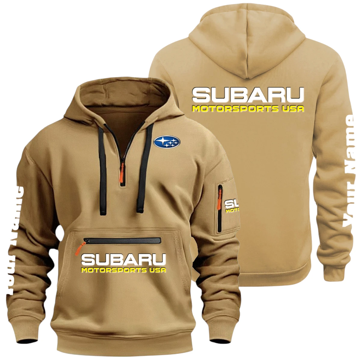 Subaru Motorsports USA Racing Half Zip Hoodie Multi Zipper Pocket Custom Name Subaru Motorsports USA Racing Half Zip Hoodie Multi Zipper Pocket Custom Name