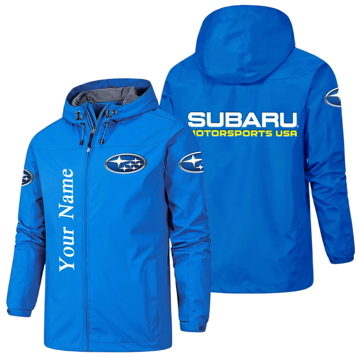Subaru Motorsports USA Racing Hooded Windbreaker Jacket Custom Name Subaru Motorsports USA Racing Hooded Windbreaker Jacket Custom Name