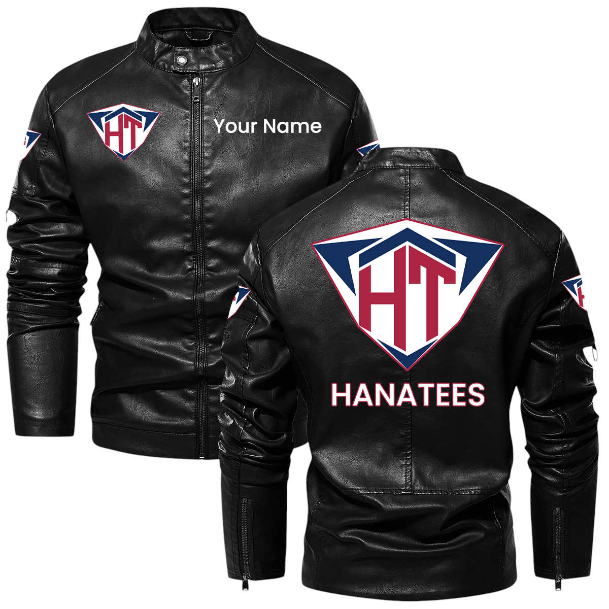 Hanatees Vintage PU Leather Jacket Stand Collar Zippered Sleeves Custom Name Hanatees Vintage PU Leather Jacket Stand Collar Zippered Sleeves Custom Name