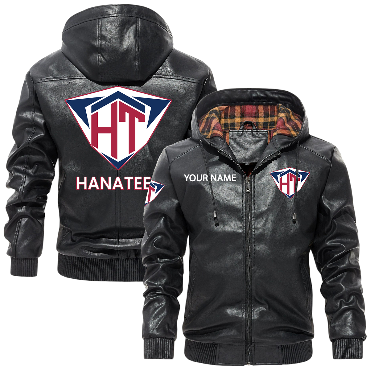 Hanatees Men’s Hooded PU Leather Jacket x Soft Checkered Lining Custom Name Hanatees Men’s Hooded PU Leather Jacket x Soft Checkered Lining Custom Name