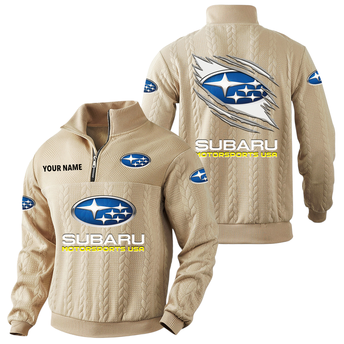Subaru Motorsports USA Racing Quarter-Zip Sweatshirt Stand Collar Custom Text Subaru Motorsports USA Racing Quarter-Zip Sweatshirt Stand Collar Custom Text