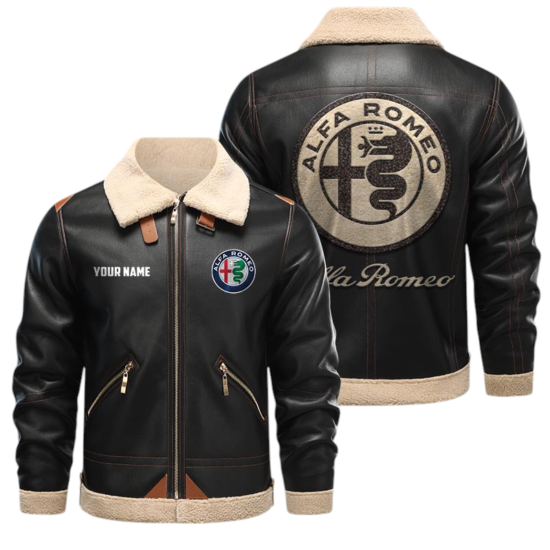 Alfa Romeo PU Leather Fleece Lining Bomber Jacket Winter Coat Custom Name Alfa Romeo PU Leather Fleece Lining Bomber Jacket Winter Coat Custom Name