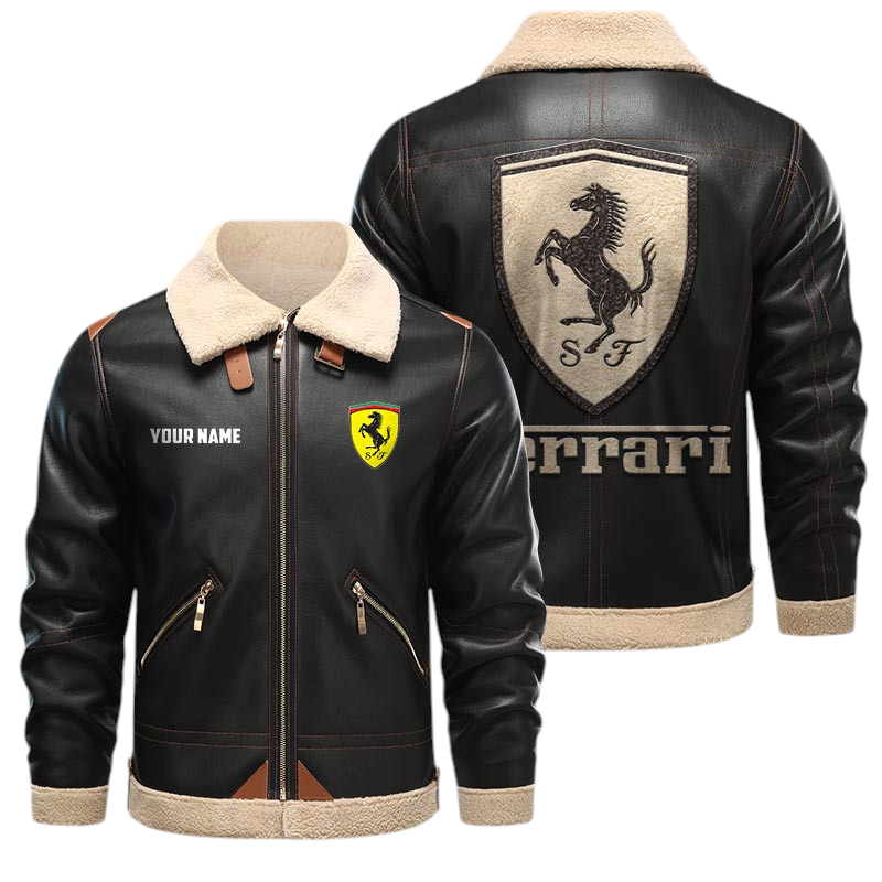 Ferrari PU Leather Fleece Lining Bomber Jacket Winter Coat Custom Name Ferrari PU Leather Fleece Lining Bomber Jacket Winter Coat Custom Name