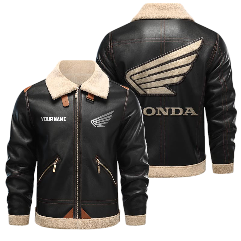 Honda Motor PU Leather Fleece Lining Bomber Jacket Winter Coat Custom Name Honda Motor PU Leather Fleece Lining Bomber Jacket Winter Coat Custom Name