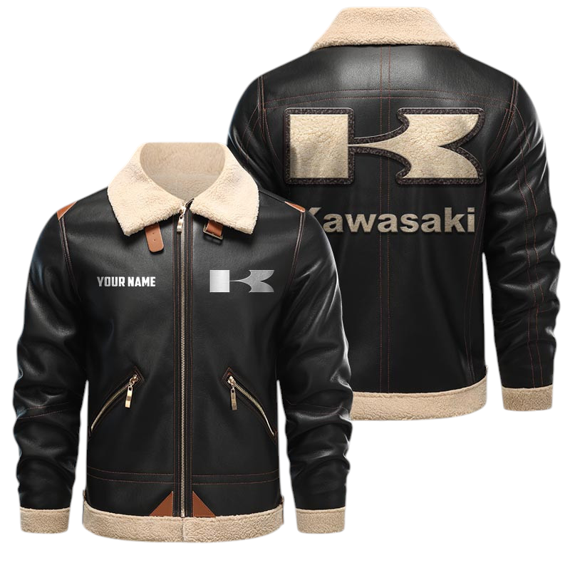 Kawasaki Motors PU Leather Fleece Lining Bomber Jacket Winter Coat Custom Name Kawasaki Motors PU Leather Fleece Lining Bomber Jacket Winter Coat Custom Name