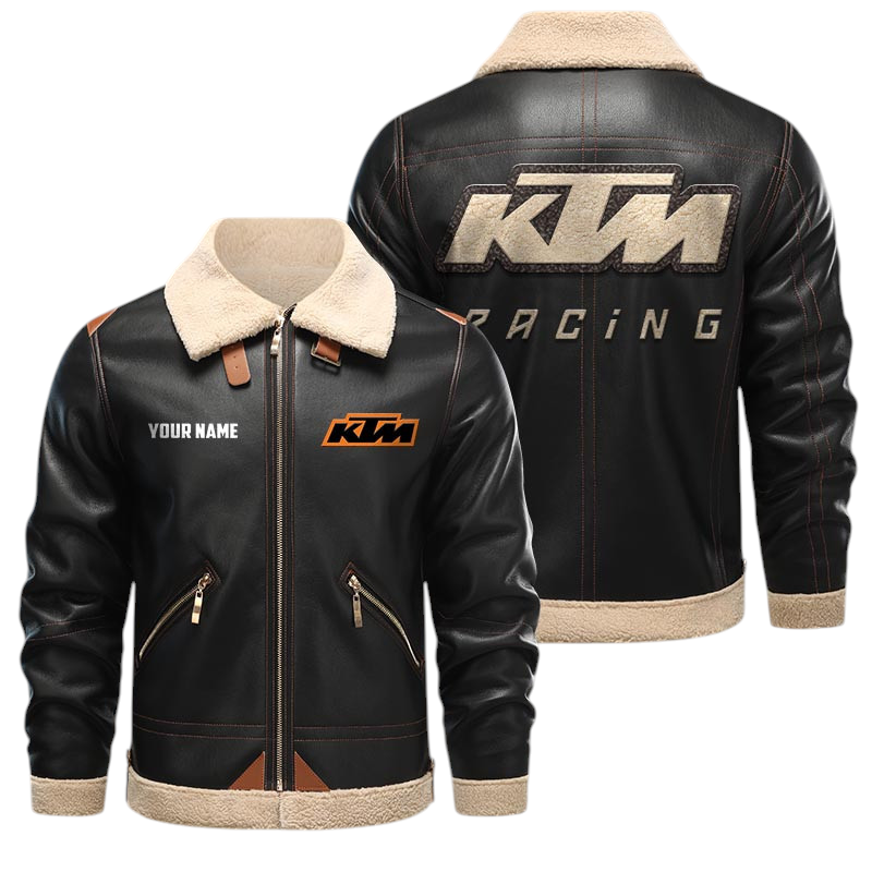 KTM Factory Racing PU Leather Fleece Lining Bomber Jacket Winter Coat Custom Name KTM Factory Racing PU Leather Fleece Lining Bomber Jacket Winter Coat Custom Name