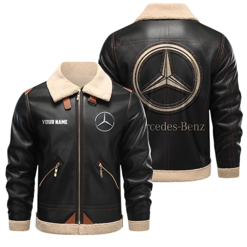Mercedes-Benz PU Leather Fleece Lining Bomber Jacket Winter Coat Custom Name Mercedes-Benz PU Leather Fleece Lining Bomber Jacket Winter Coat Custom Name