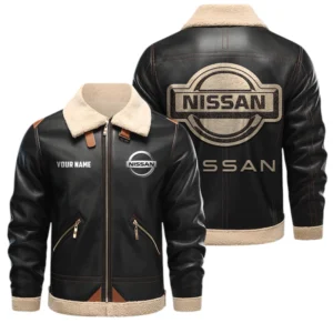 Nissan PU Leather Fleece Lining Bomber Jacket Winter Coat Custom Name