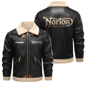 Norton Motorcycle PU Leather Fleece Lining Bomber Jacket Winter Coat Custom Name