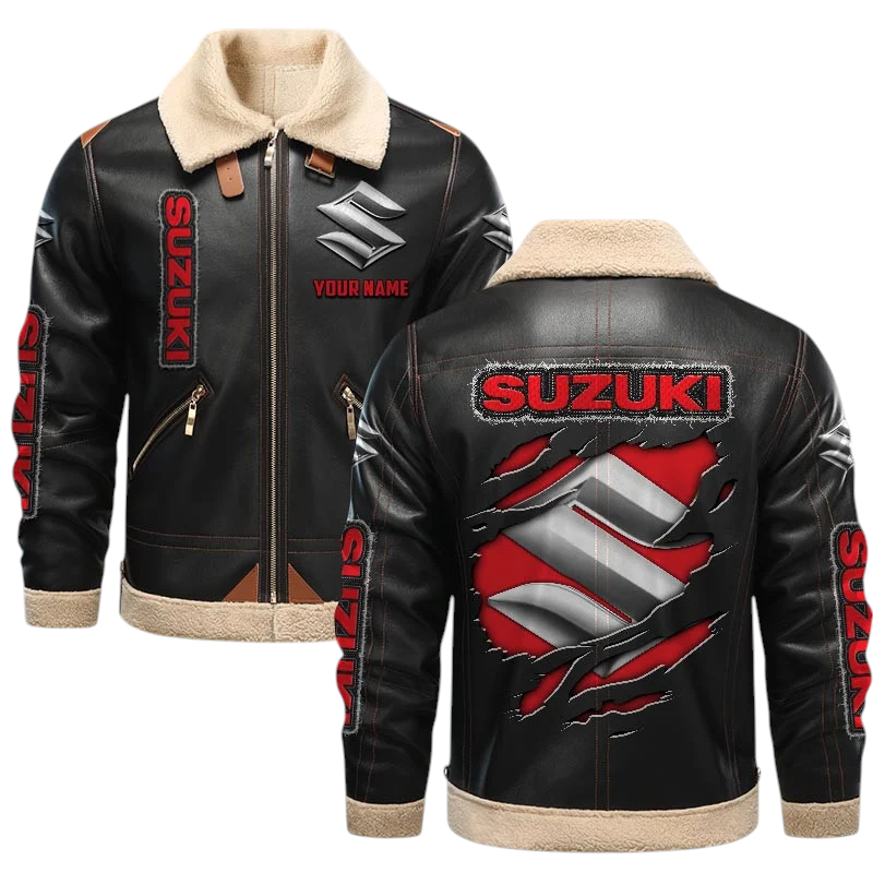 Suzuki PU Leather Fleece Lining Bomber Jacket Winter Coat Personalized Text Suzuki PU Leather Fleece Lining Bomber Jacket Winter Coat Personalized Text