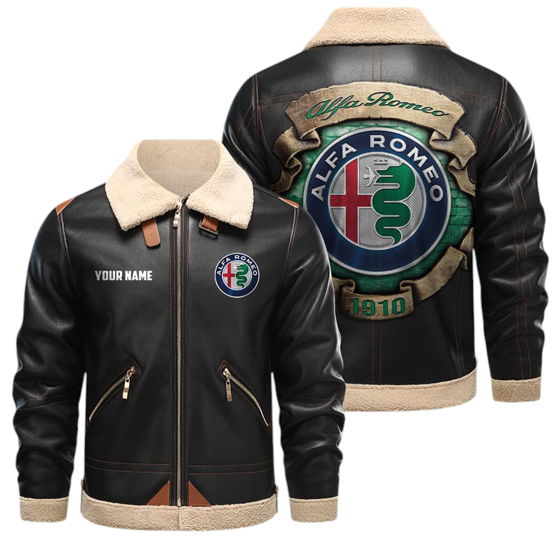 Alfa Romeo PU Leather Fleece Lining Bomber Jacket Winter Coat Custom Text Alfa Romeo PU Leather Fleece Lining Bomber Jacket Winter Coat Custom Text