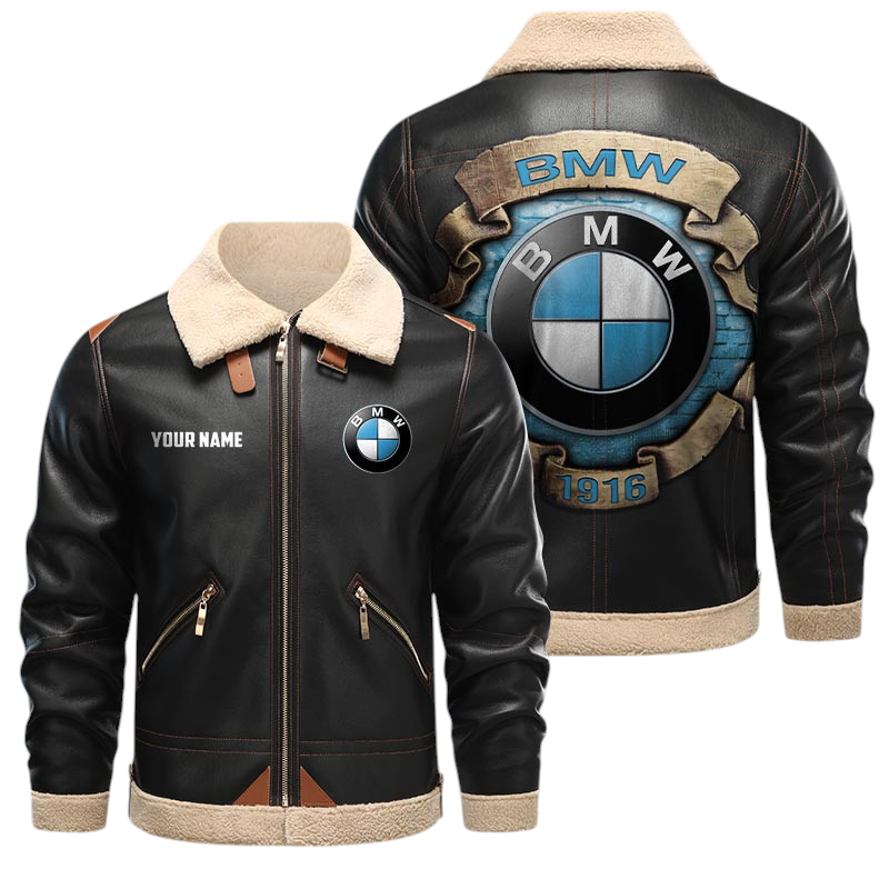 BMW PU Leather Fleece Lining Bomber Jacket Winter Coat Custom Text BMW PU Leather Fleece Lining Bomber Jacket Winter Coat Custom Text