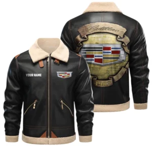 Cadillac PU Leather Fleece Lining Bomber Jacket Winter Coat Custom Text