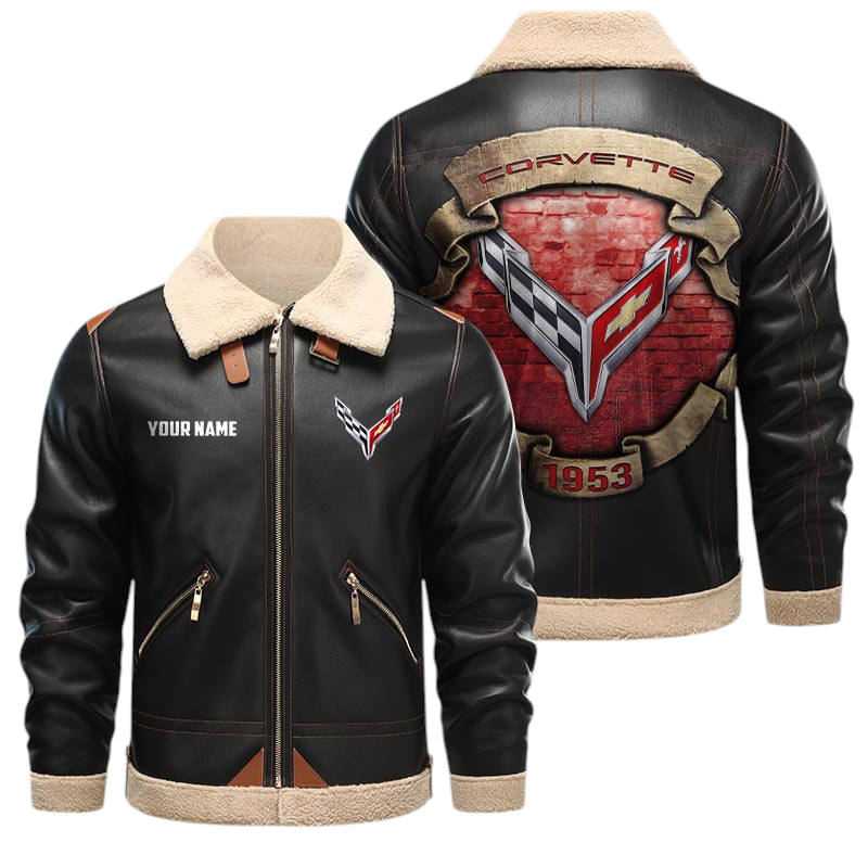 Corvette PU Leather Fleece Lining Bomber Jacket Winter Coat Custom Text Corvette PU Leather Fleece Lining Bomber Jacket Winter Coat Custom Text