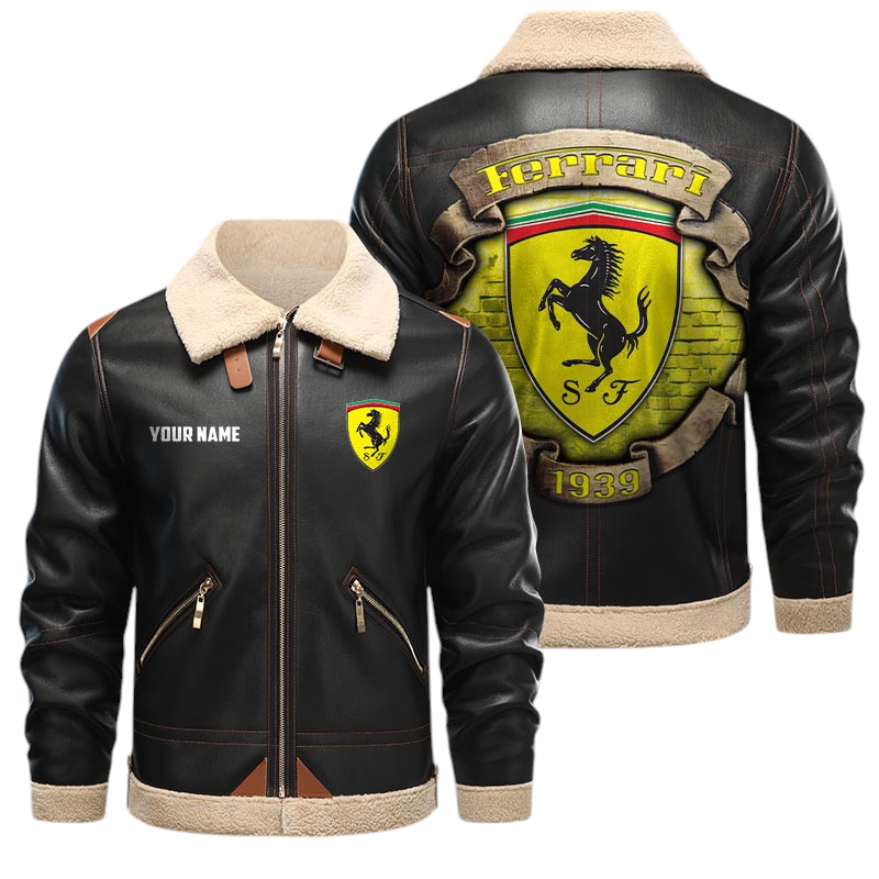 Ferrari PU Leather Fleece Lining Bomber Jacket Winter Coat Custom Text Ferrari PU Leather Fleece Lining Bomber Jacket Winter Coat Custom Text