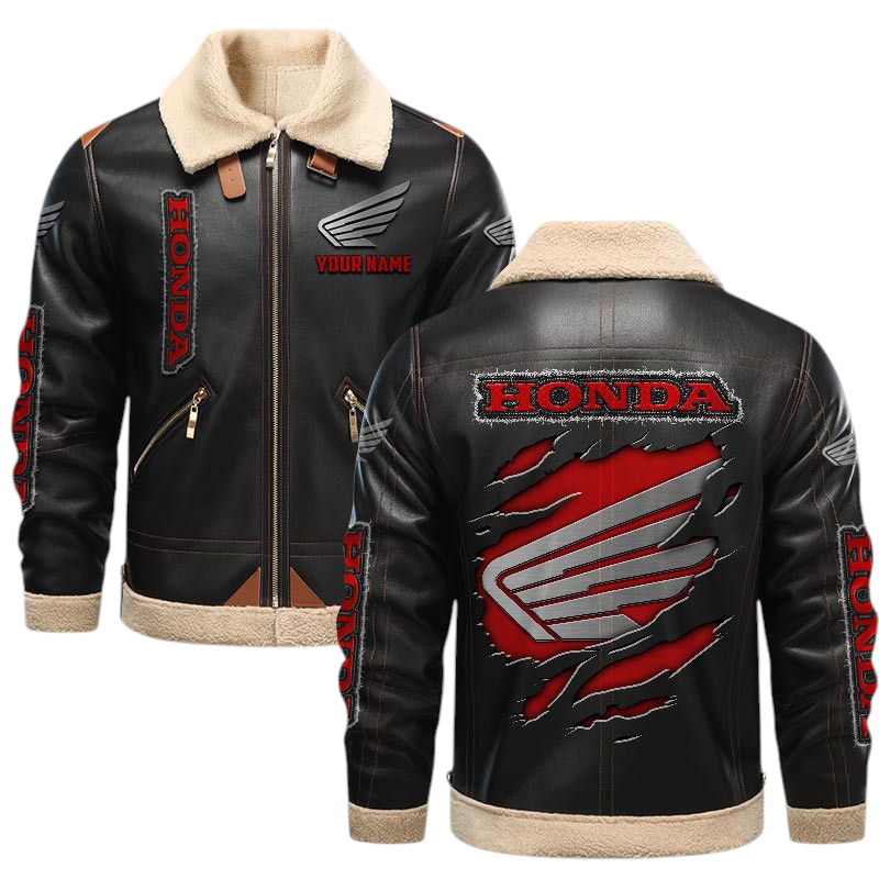 Honda Motor PU Leather Fleece Lining Bomber Jacket Winter Coat Custom Text Honda Motor PU Leather Fleece Lining Bomber Jacket Winter Coat Custom Text