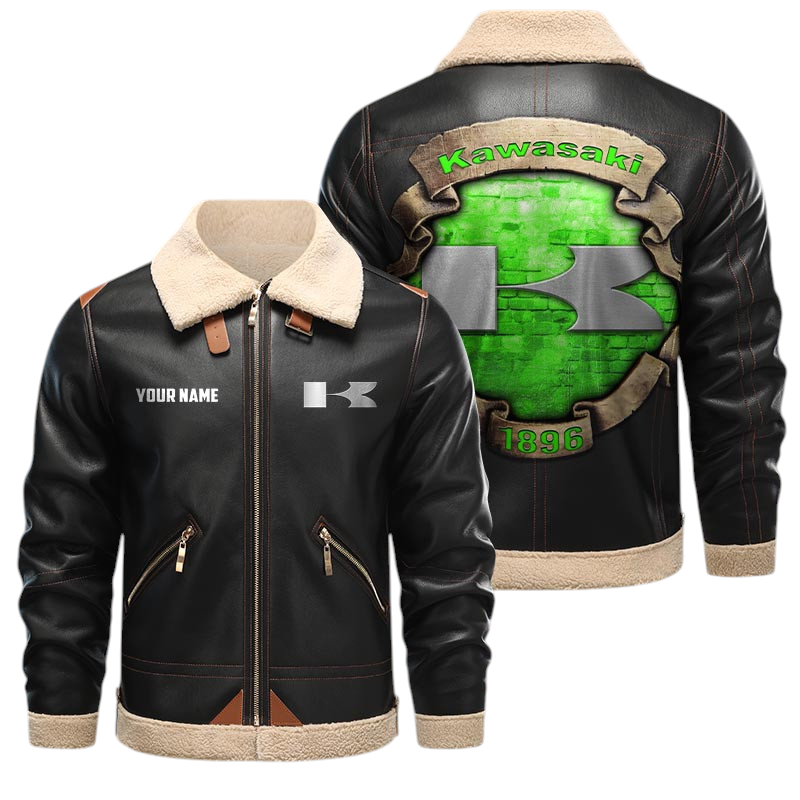 Kawasaki Motors PU Leather Fleece Lining Bomber Jacket Winter Coat Custom Text Kawasaki Motors PU Leather Fleece Lining Bomber Jacket Winter Coat Custom Text
