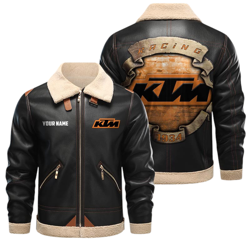 KTM Factory Racing PU Leather Fleece Lining Bomber Jacket Winter Coat Custom Text KTM Factory Racing PU Leather Fleece Lining Bomber Jacket Winter Coat Custom Text