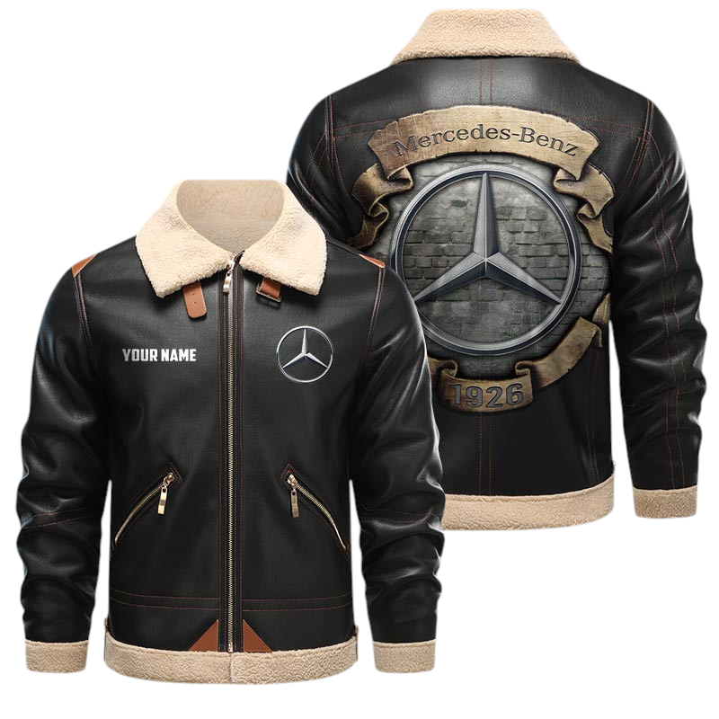 Mercedes-Benz PU Leather Fleece Lining Bomber Jacket Winter Coat Custom Text Mercedes-Benz PU Leather Fleece Lining Bomber Jacket Winter Coat Custom Text