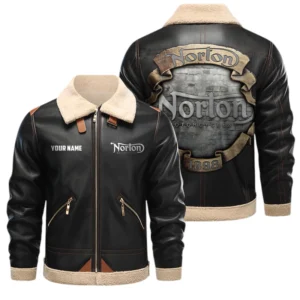 Norton Motorcycle PU Leather Fleece Lining Bomber Jacket Winter Coat Custom Text