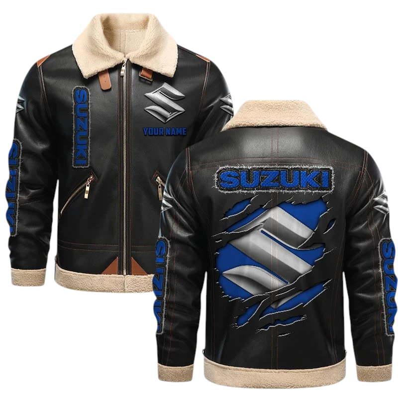 Suzuki PU Leather Fleece Lining Bomber Jacket Winter Coat Custom Name Suzuki PU Leather Fleece Lining Bomber Jacket Winter Coat Custom Name