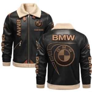 BMW PU Leather Fleece Lining Bomber Jacket Winter Coat Personalized Name