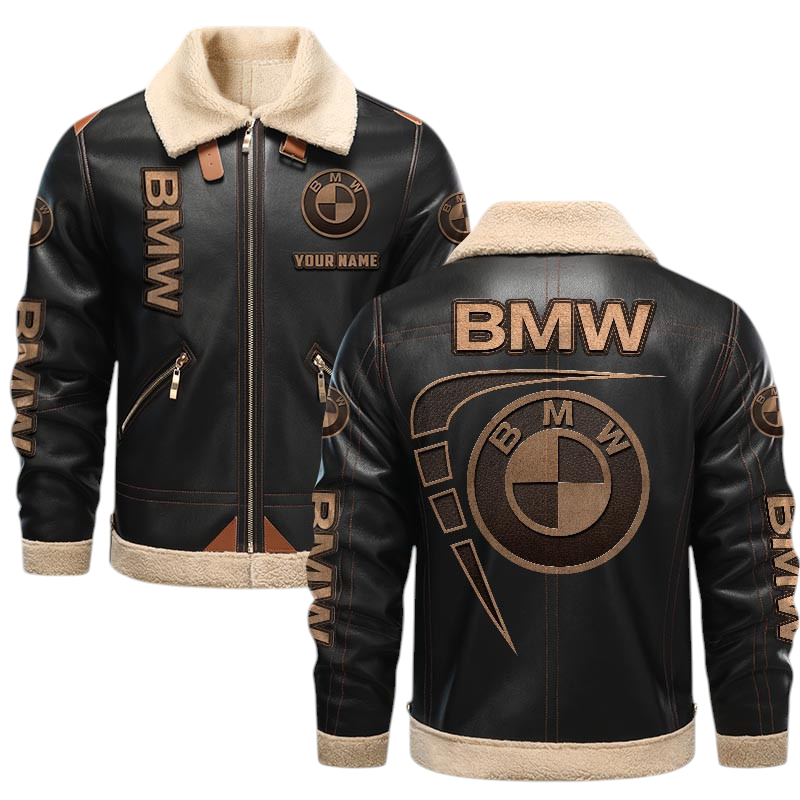 BMW PU Leather Fleece Lining Bomber Jacket Winter Coat Personalized Name BMW PU Leather Fleece Lining Bomber Jacket Winter Coat Personalized Name